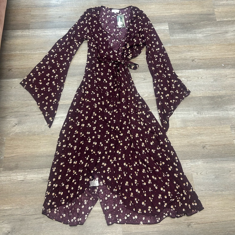Chic Long Sleeve Floral Dress - Burgundy